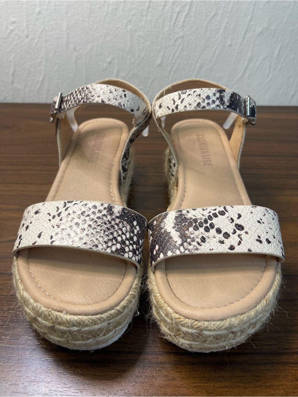 Neutral Snake-Print Espadrille Wedge Sandals with Ankle Strap